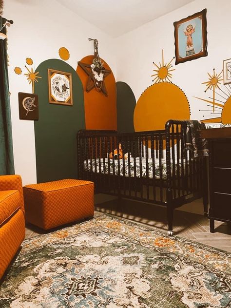 Wes Anderson Themed Nursery, 80s Nursery Theme, Fairy Cottage Core Nursery, Retro Themed Nursery, 70s Style Nursery, Moody Maximalist Nursery, Green And Burnt Orange Nursery, Nursery Aesthetic Colorful, 70s Inspired Nursery