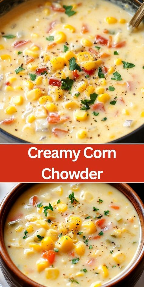 Looking for a cozy dinner option that’s both quick and satisfying? This Creamy Corn Chowder has you covered. With tender potatoes, sweet corn, and crispy bacon swimming in a luscious, creamy broth, it’s the ideal choice for those chilly nights or when you need a hearty meal ready in less than an hour. Perfect for family dinners or entertaining guests, this chowder is bound to be a hit. Pair it with some crusty bread for a truly complete and comforting meal. Creamy Corn Chowder Recipe, Sweetcorn Chowder, Soft Potatoes, Creamy Corn Chowder, Corn Chowder Soup, Seasoned Corn, Potato Corn Chowder, Potato Chowder, Corn Chowder Recipe