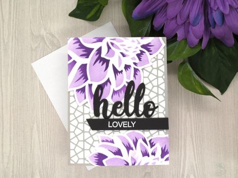 Purple Hello Lovely Stencil Card Jennifer Mcguire Cards, Tim Holtz Mini, Jennifer Mcguire Ink, Altenew Cards, Jennifer Mcguire, Hello Cards, Flower Stencil, Hello Lovely, Interactive Cards