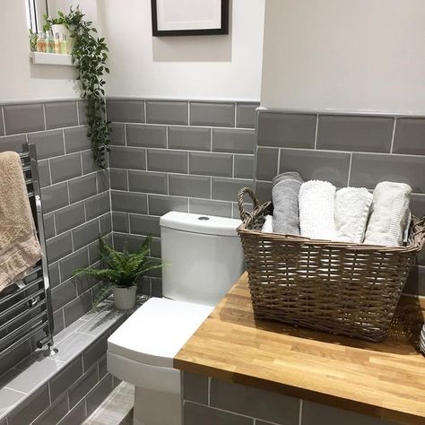 Grey Metro Tiles Bathroom, Period Home Interiors, Metro Tiles Bathroom, Small Downstairs Toilet, Metro White, Cloakroom Toilet, White Grout, Grey Bathroom Tiles, Toilet Room Decor