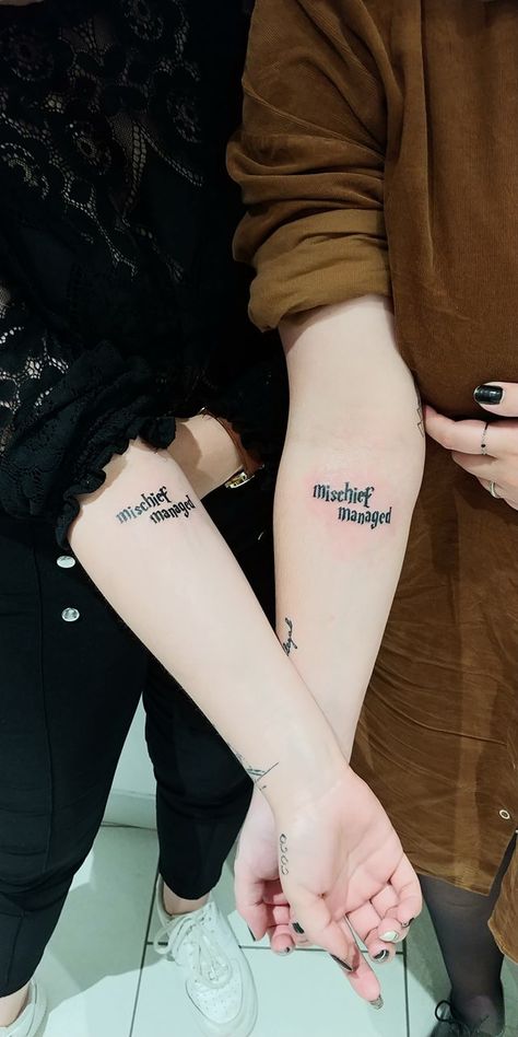 Harry Potter Tattoos Weasley Twins, The Mauraders Tattoo, Weasley Twin Tattoos, Drarry Tattoo, Weasley Twins Tattoo Ideas, Harry Potter Tattoos Marauders, Weasley Twins Tattoo, The Marauders Tattoo Ideas, Marauders Era Tattoo Ideas