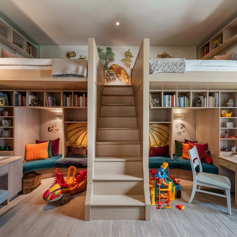 14 Incredible Shared Bedroom Ideas for Kids That Blend Fun and Function - Home Decor Palace Kids Room Sharing Ideas, Shared Loft Bedroom Kids, Multi Kids Bedroom Ideas, Parents And Kids Shared Bedroom, Playroom With Bed, 4 Beds In One Room Ideas, 4 Kids In One Room, Kids Apartment Bedroom, Multiple Kids In One Room