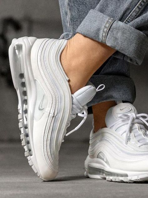 Nike Air Max 97 'Triple White' 921826 101 Air Max 97 Outfit, Trendy Trainers, Nike Air Max 97 White, Nike 97, 2020 Shoes, Adidas Shoes Yeezy, Yeezy Boots, Boost Shoes, Cheap Nike Air Max