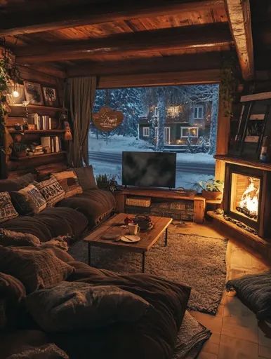 ↑↑↑ Larger size on website 🔸 A cozy cabin with a large window overlooking a snowy forest. The room is furnished with a plush couc Cozy Cabin Layout, Cozy Craftsman Living Room, Cozy Cabin Vibes, Cabin Tv Room, Winter Cabin Living Room, Cabin Interior Design Living Room, Cabin Theme Living Room, Cozy Fireplace Aesthetic, Cozy Cabin Home