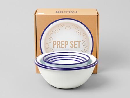 Prep Set Falcon Enamelware, Elevated Home, Kitchenware Design, Candle Store, Deep Plate, Mixing Bowls, Custom Packaging, Blue Ribbon, Custom Boxes