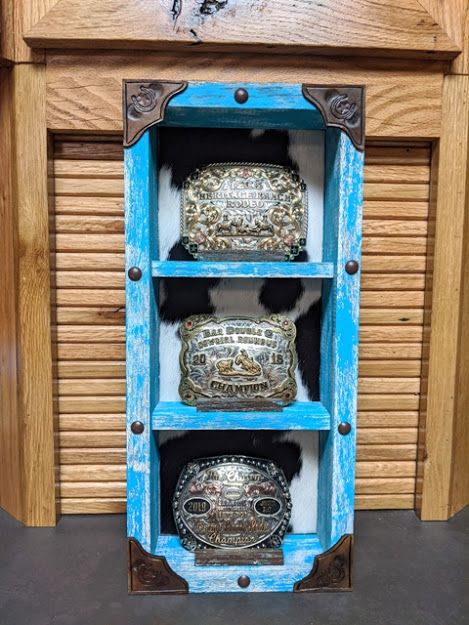 Belt Buckle Shadow Box Display Case, Buckle Display Ideas, Cowhide Projects, Rodeo Crafts, Belt Buckle Display, Buckle Display, Jewelry Wall Display, Saddle Stand, Ag Teacher