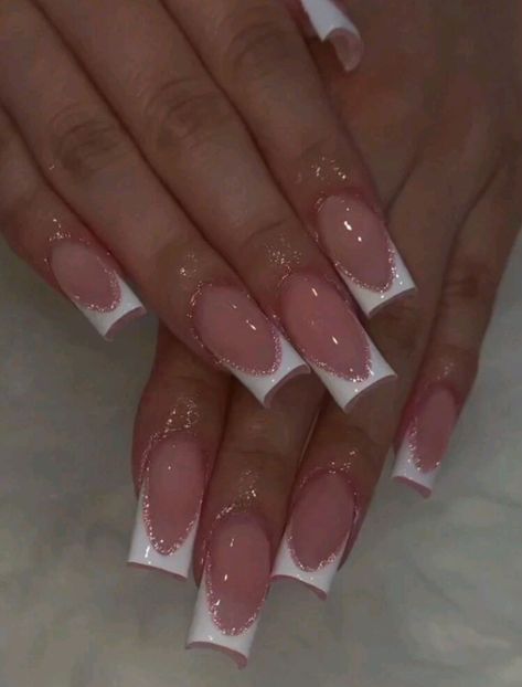 White Nails Inspo Medium, French Top With Glitter, Easy Nails Square, Wedding Nails Bridesmaid Square, Acrylic Nails French Tip Glitter, S Size Nails, Press On Nails Shein, Cute Nails Acrylic 2024 Simple, White Tip Acrylic Nails With Design