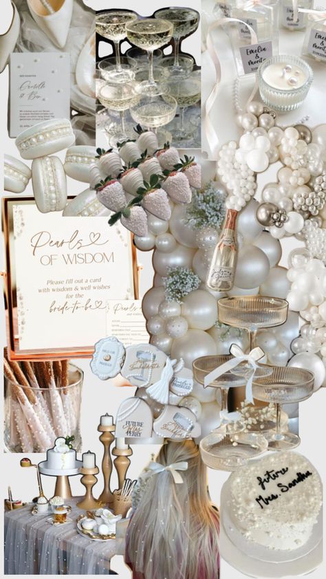 Pearl Themed Bachelorette Party, Pearl Bachelorette Theme, Pearls Prosecco Bridal Shower Theme, Bridal Shower Pearls And Prosecco Theme, Old Money Bridal Shower Ideas, Pearls And Processo Bridal Shower Theme, Pearl Themed Bridal Shower Decor, Pearl Bachelorette Party, Pearls And Prosecco Bridal Shower Theme Decor