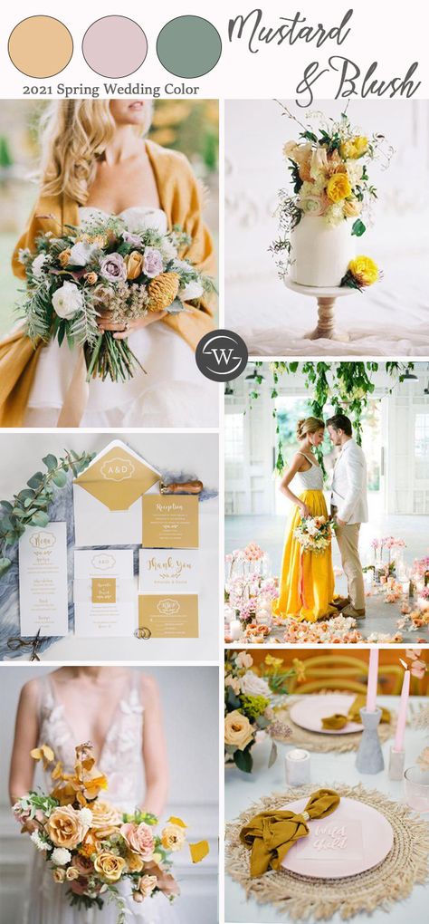 spring wedding color ideas for mustard and blush Color Schemes Spring, Mustard Wedding, Glittery Wedding, Wedding Color Schemes Spring, Blush Wedding Colors, Wedding Color Scheme, Wedding Color Palettes, Wedding Color Combos, Spring Wedding Colors