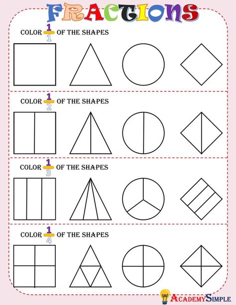 Simple Fractions Worksheets, Fractions For Kids, Math Fraction Activities, Understanding Fractions, Learning Fractions, Coloring Worksheet, Teaching Fractions, Fraction Activities, Math Sheets