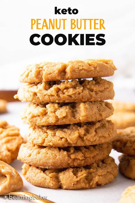 An easy recipe for Keto Peanut Butter Cookies with crisp edges, sweet peanut butter flavor, and just 2 Net Carbs! | Recipe at BeamingBaker.com Low Carb Peanut Butter Cookies, Breakfast Baking, Peanut Butter Dessert Recipes, Peanut Butter Dip, Keto Peanut Butter Cookies, Peanut Butter Blossom Cookies, Keto Baking, Keto Peanut Butter, Clean Keto