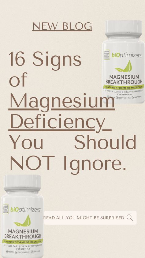 Over 50% of the population are Magnesium deficient and don’t even know it. Did you know that Magnesium is crucial for over 300 different biochemical functions within your body? These can be anything from blood pressure regulation and nerve function to generating energy for your body. While magnesium may not be as popular as other minerals like calcium and iron, it’s just as important for your body. Read More to learn all 16 signs of magnesium deficient and natural supplementation. #health Losing Weight With Magnesium, Different Types Of Magnesium, Natural Source Of Magnesium, What Type Of Magnesium Should I Take, Benefits Of Magnesium Oil, Symptoms Of Magnesium Deficiency, Magnesium Pills, Forms Of Magnesium, Best Magnesium Supplement