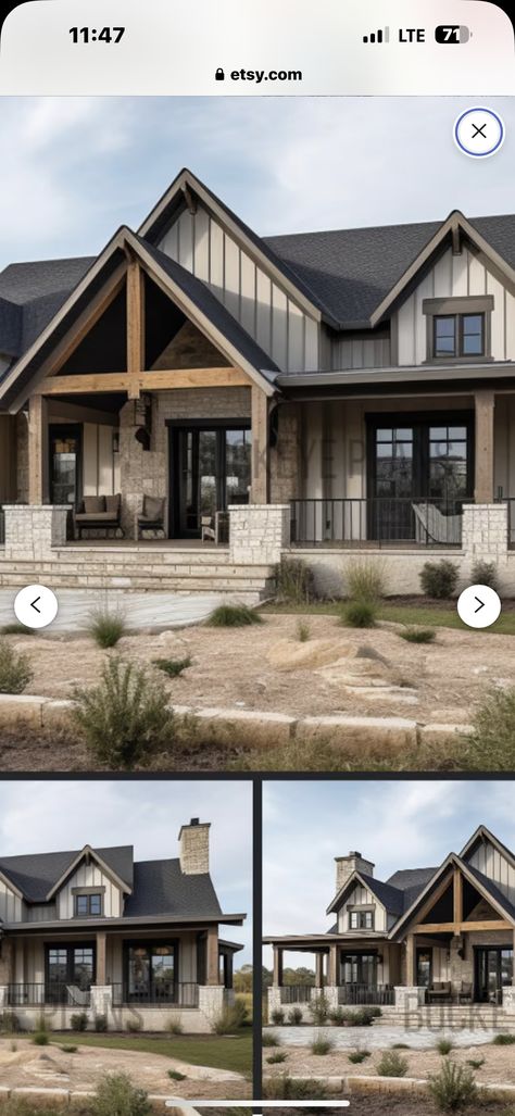 Brown Cabin Exterior, Taupe Barndominium Exterior, Barndo With Stone, Home Exteriors Ideas, Tin Siding House, Modern Ranch Home, Metal House Exterior Colors, Dark Siding, Big Farmhouse Exterior