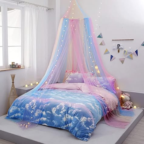 Bed Canopy With Lights, Bedroom Reading Corner, Rainbow Bed, Girls Princess Room, Girls Canopy, Girls Bed Canopy, Princess Canopy Bed, Bed Net, Rainbow Room