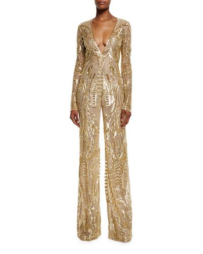 W0DYC Naeem Khan Sequined Long-Sleeve Wide-Leg Jumpsuit, Gold $8,990.00 Sequin Jumpsuit Outfit, Sequin Jumpsuit Long Sleeve, Gold Sequin Jumpsuit, Beaded Jumpsuit, Reception Outfits, Gold Jumpsuit, V Neck Jumpsuit, Metallic Jumpsuits, Brown Jumpsuits