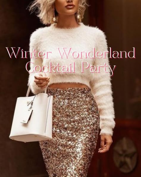 White Christmas Party Theme Outfit, Outfit For Xmas Party, Winter Wonderland Christmas Party Outfit, Winter Wonderland Party Outfit Dresses, Winter Wonderland Formal Outfit, Holiday Birthday Outfit, Winter White Holiday Party Outfit, Winter Wonderland Dress Ideas, White Winter Party Outfit