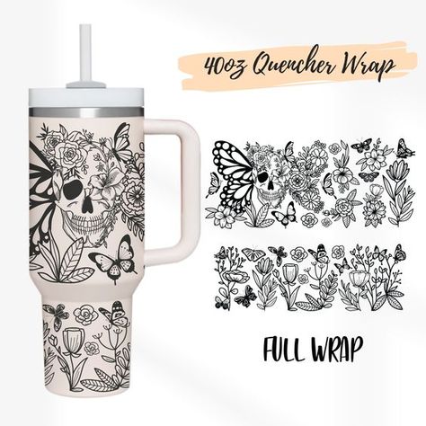 2 Designs 40oz Quencher Stanley Full Wrap Tumbler Skull Floral with Butterfly Svg, Hallween Skull SVG | 40 oz SVG Cricut Silhouette Template Stanley Cup Wrap Svg, Stanley Cricut Designs, Stanley Cup Cricut Design, Glass Tumbler Design, Tumbler Wrap Template, Summer Tumbler, Butterfly Svg, Skull Tumbler, Skull Svg