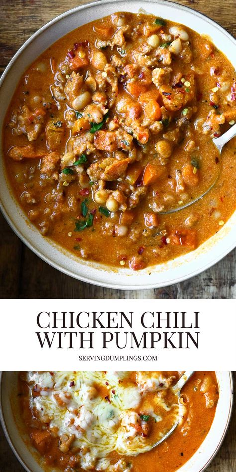 Chicken Pumpkin Chili Crock Pot, Yummy Fall Crockpot Recipes, Fall Crockpot Chili, Pumpkin Stew Recipes Fall, Chicken Chili With Pumpkin, Healthy Fall Foods Dinners, Creamy Pumpkin Chicken Chili, Crockpot Pumpkin Chicken Chili, Amazing Fall Dinner Recipes