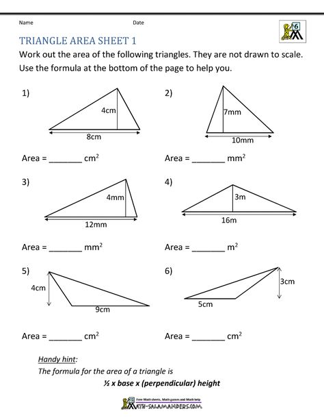 A 6th grade area worksheet to find the area of the triangles using the base and perpendicular height measurements. Area Of A Triangle Worksheet, Area Of Triangles Worksheet, Area Of Triangles, Area Of A Triangle, Quadrilaterals Worksheet, Triangles Activities, Area And Perimeter Worksheets, Finding Area, Area Worksheets