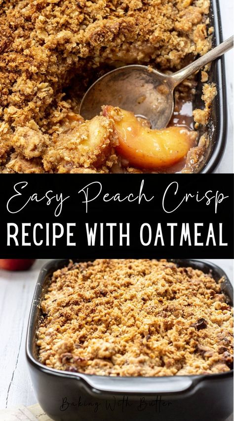 An easy peach crisp recipe with oatmeal and walnut streusel topping and juicy fresh peaches. A great recipe and the perfect summer dessert to use your summer peaches. Peach Crisp With Oatmeal Crumble, Peach Crisps With Oatmeal, Peaches With Oat Crumble, Peach Crisp With Fresh Peaches Oatmeal, Fresh Peach Crisp Recipe, Fresh Peach Crisp With Oatmeal, Peach Crisp With Fresh Peaches Easy, Peach Crisp With Oatmeal, Peach Oatmeal Crisp