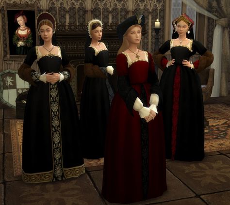 Sims 4 Tudor Cc, Sims 4 Medieval Cc, Sims 4 Medieval, Tudor Gown, Tudor Court, Sims 4 Hair Male, Fur Sleeves, Sims 4 Decades Challenge, Tudor Dress