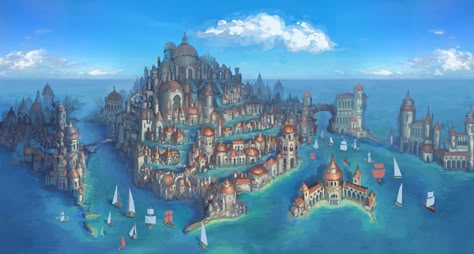 Fantasy City On Water, Fantasy Water City Concept Art, Fantasy Underwater City Concept Art, Water City Concept Art, Fantasy Water City, Water City Fantasy Art, Underwater City Concept Art, Underwater City Fantasy Art, Dnd Staff