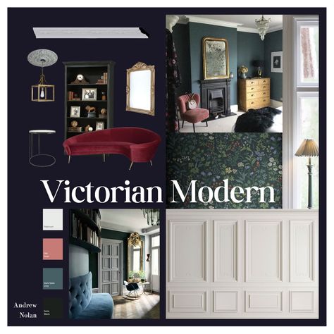 A mood board for a Victorian Modern interior. Victorian Style Mood Board, Victorian Goth Color Palette, Victorian Mood Board, Victorian Colours Palette, Goth Victorian House Wallpaper, Victorian Modern, Victorian Design, Interior Design Mood Board, Flat Color