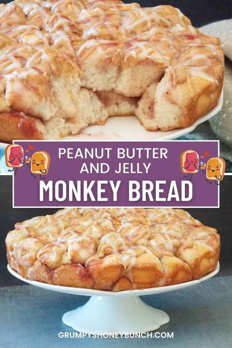 Indulge in a delightful twist on classic monkey bread with our Peanut Butter and Jelly version! Each soft, pull-apart piece is a heavenly blend of gooey peanut butter, sweet jelly, and fluffy dough. A treat perfect for brunch, snacking, or satisfying your sweet cravings! Get this breakfast recipe and more at Grumpy's Honeybunch website. Monkey Bread Recipe, Pillsbury Monkey Bread, Hot Bread, Peanut Butter Jelly, Monkey Bread, Easy Treats, Natural Peanut Butter, Round Cake Pans, Round Cakes