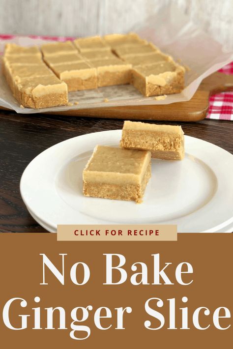 Absolutely delicious no bake ginger slice, so easy to make using simple ingredients, the best recipe Ginger Crunch Slice, Easy Slice Recipes Simple, Quick And Easy Slices, Ginger Slice Recipe, Ginger Fudge, Easy Caramel Slice, Ginger Crunch, Ginger Nut Biscuits, Rich Tea Biscuits