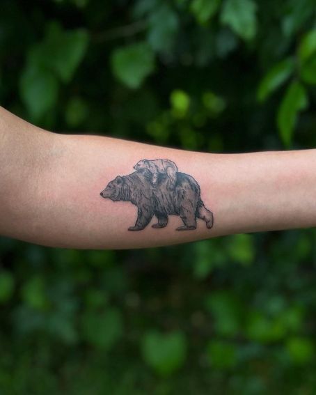 Bear Sleeve Tattoo, Mamma Bear Tattoo, Bear Chest Tattoo, Mama Bear And Cubs Tattoo, Bear Tattoos For Men, Traditional Bear Tattoo, Bear Tattoo Ideas, Wilderness Tattoo, Moose Tattoo