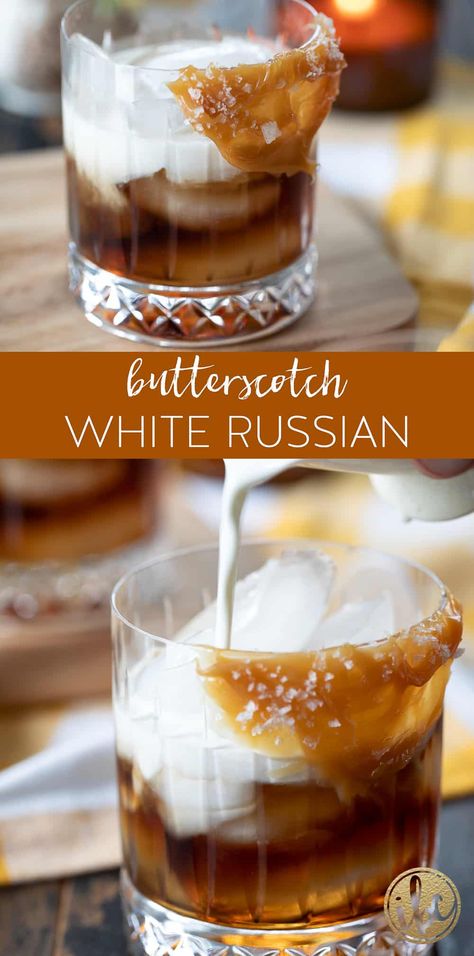 This Butterscotch White Russian is a modern twist on the beloved classic cocktail. With the introduction of butterscotch schnapps, vanilla vodka, and sea salt butterscotch garnish, this drink transforms from a simple pleasure to an indulgent treat. #whiterussian #cocktail #drink #recipe #butterscotch Burnetts Vodka Recipes Drinks, Vanilla Vodka Snowball, Butterscotch Rum Drinks, Butterscotch Martini Recipe, Butterscotch Moonshine Cocktails, Butterscotch Snaps Drinks, Butterscotch Whiskey Drinks, Butterscotch Snapps Cocktails, Cinnamon Schnapps Drinks