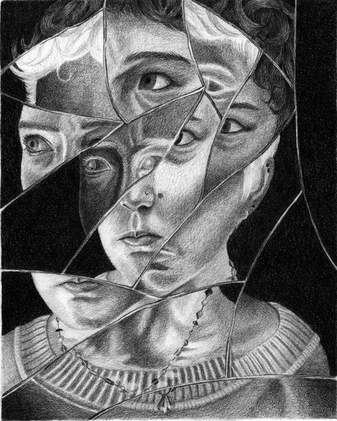 White on black drawing - fragmented / layering Fractured Portrait, Distortion Art, Advanced Higher Art, Ap Drawing, Reflection Painting, Gcse Art Sketchbook, Reflection Art, Ap Studio Art, Gcse Art