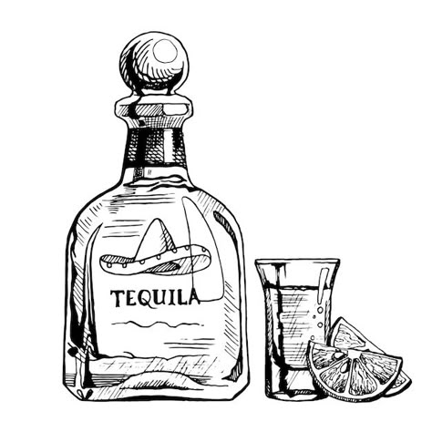 Alcohol Art Bottle, Alcohol Drawing Bottle, Tequila Bottle Drawing, Liquor Bottle Tattoo, Tequila Drawing, Tequila Illustration, Alcohol Sketch, Tequila Tattoo, Alcohol Drawing