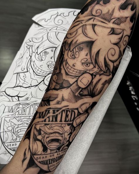 One Piece Arm Tattoo Men, Anime Tattoos For Men One Piece, Tattoo Ideas For Men Forearm Anime, Arm Tattoo Men Anime, Anime Sleeve Tattoo Ideas, Luffy Tatoos Ideas, One Piece Luffy Gear 5 Tattoo, Monkey D Luffy Tattoo Ideas, Monkey D Luffy Tattoo Design