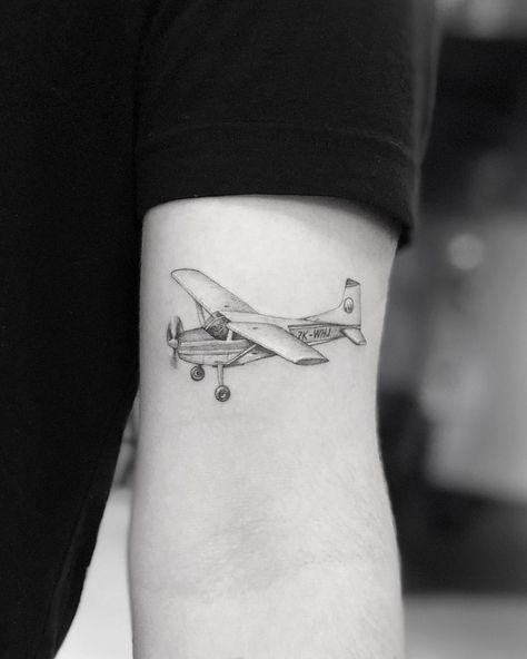 his ZK-WHJ💥 #mrktattoo Planes Tattoo Ideas, Seaplane Tattoo, Tattoos For Pilots, Old Plane Tattoo, Plane Tattoo Men, Vintage Plane Tattoo, Aviation Tattoo Pilots, Biplane Tattoo, Cessna Tattoo