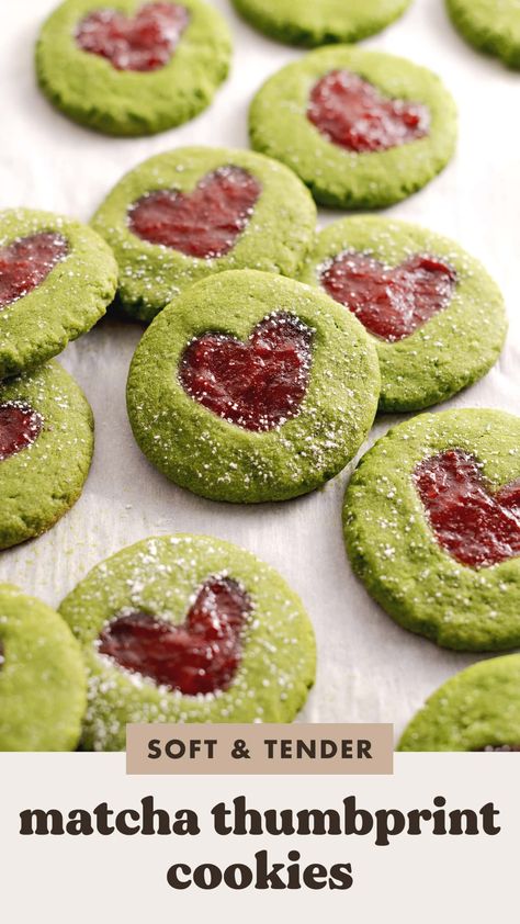 Matcha Raspberry Cookies, Matcha Thumbprint Cookies, Strawberry Matcha Dessert, Red And Green Cookies, Christmas Jam Cookies, Strawberry Matcha Cookies, Easy Xmas Cookies, Tomato Cookies, One Bowl Cookies