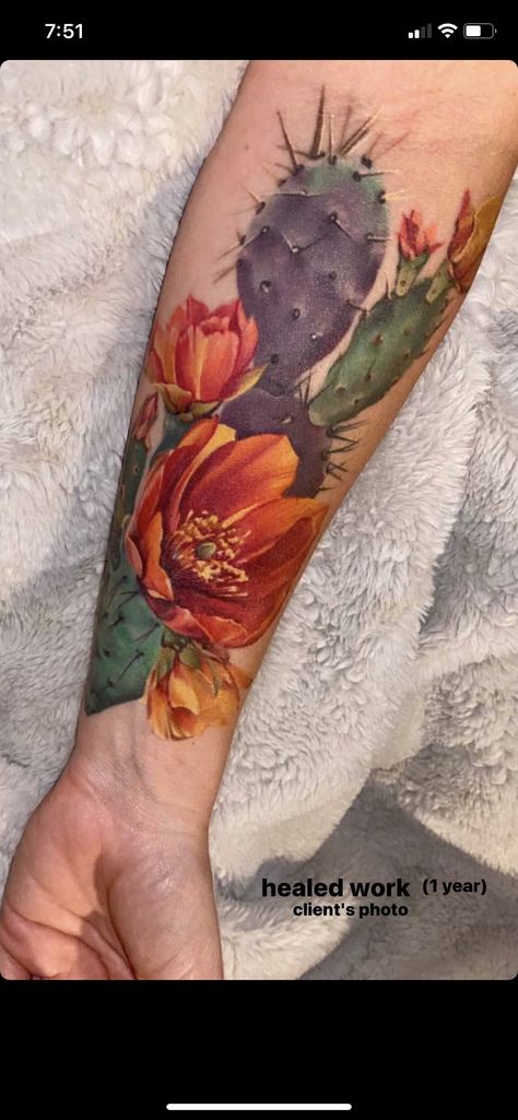 Cactus And Rose Tattoo, Colorful Desert Tattoo, Arizona Cactus Tattoo Desert Sunset, Desert Tattoo Color, Cactus Sunflower Tattoo, Mexico Art Tattoo, Succulent And Cactus Tattoo, New Mexico Themed Tattoos, Desert Flower Tattoo Sleeve