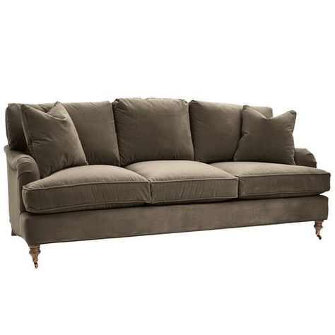 One Kings Lane Sofa, Cottage Sofa Ideas, Sofa Front View, Brown Velvet Sofa, Traditional Sofas, English Sofa, English Roll Arm Sofa, Ranch Living, Grey Sofas