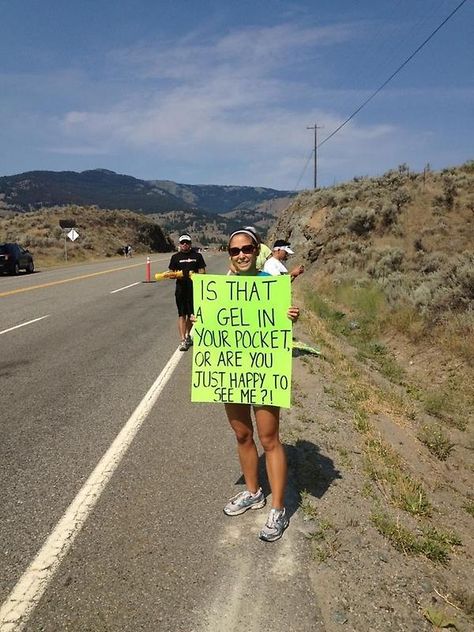 Is that a gel in your pocket, or are you just happy to see me?! Triathlon Signs, Triathlon Humor, Triathlon Quotes, Triathlon Inspiration, Race Quotes, Marathon Signs, Running Signs, Marathon Posters, Marathon Motivation