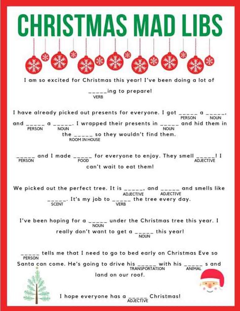 Download your free printable Christmas Mad Libs! Kids and adults of all ages can enjoy! Christmas Mad Libs For Kids, Free Printable Mad Libs, Christmas Mad Libs, Fun Christmas Party Games, Printable Christmas Games, Fun Christmas Games, Christmas Worksheets, Mad Libs, Holiday Games