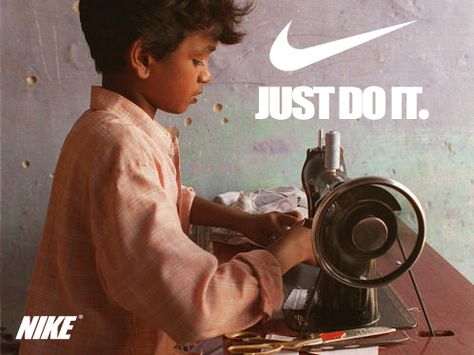 This is an example of cultural jamming. The designer of this ad used the Nike logo and symbol "Just Do It" with the backdrop of a child laborer. This ad is making a commentary on how many companies such as Nike use underpaid foreign laborers and children to make their products. Culture Jamming, Reflective Shoes, Nike Running Shoes Women, Nike Outlet, Nike Roshe Run, Nike Free Shoes, Nike Shoes Outlet, Nike Shoes Women, Just Do It