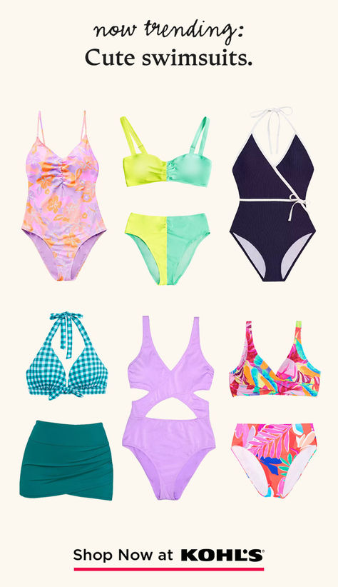 Whether you're into retro-inspired bikinis or on-trend one-pieces, there's a cute swimsuit for every style. Shop swimwear for women at Kohl's and Kohls.com. Old Navy Swimwear, Preppy Swimsuit, Casual Outfits For Teens, Summer Style Guide, Modest Swimsuits, Best Swimsuits, Downtown Outfits, High Fashion Editorial, Cute Bathing Suits