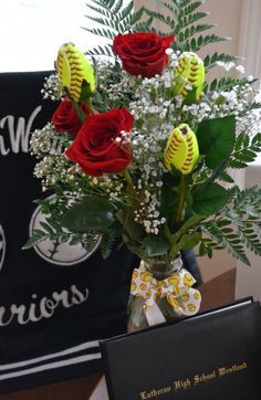 Presentation Bouquet, Softball Banquet, Softball Roses, Softball Diamond, Softball Tournament, Softball Funny, Sports Themed Wedding, Softball Tournaments, Softball Crafts