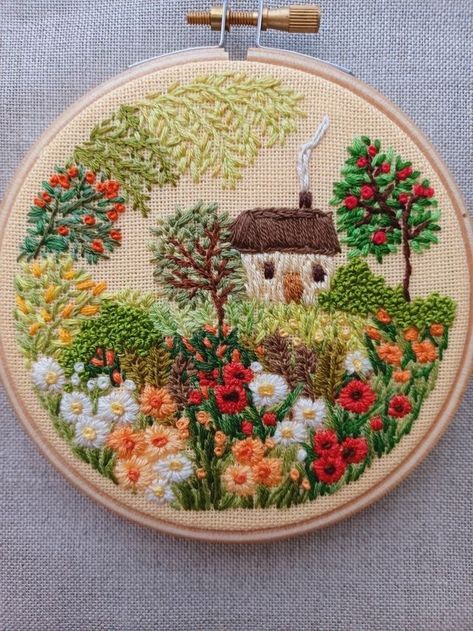 Embroidery Garden Designs, Cottage Garden Embroidery, Embroidery Field Of Flowers, Embroidery Patterns Landscape, Embroidery Scenery Simple, Paint With Thread, Embroided Painting, Landscape Embroidery Ideas, Garden Embroidery Patterns