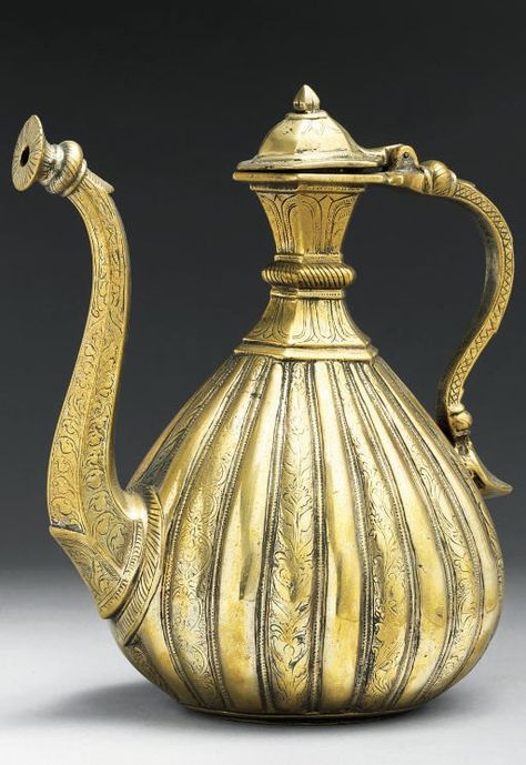 A DECCANI BRASS EWER | CENTRAL INDIA, 17TH CENTURY | ewer, All other categories of objects | Christie's Indian Objects, Art Studio Room, Mughal Art, Art Indian, Persian Art, Silver Water, Eastern Art, Turkish Art, Historical Art