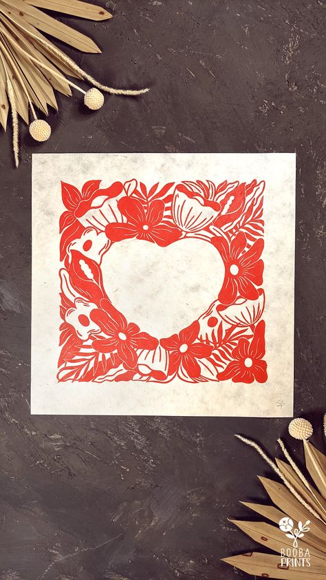 Original handmade linocut print of floral heart, heart surrounded  by flowers. Valentine's Day print, anniversary print, romantic print, gift for her, art for home decor. Art by Booba Prints Valentine’s Day Linocut, Valentine Block Print, Heart Lino Print, Love Linocut, Valentines Linocut, Linocut Valentines, Linocut Wedding Invitations, Valentines Prints, Linoleum Printmaking