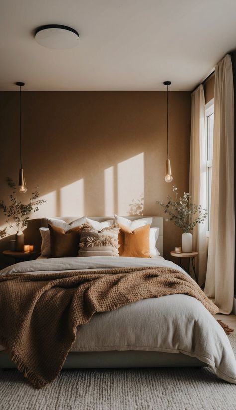 Earthy Bedroom Earth Tones, Moody Cozy Bedroom, Bedroom Earth Tones, Warm Beige Bedroom, Earth Bedroom, Earthy Modern Bedroom, Earthy Bedroom Aesthetic, Cozy Earthy Bedroom, Cozy Bedroom Aesthetic