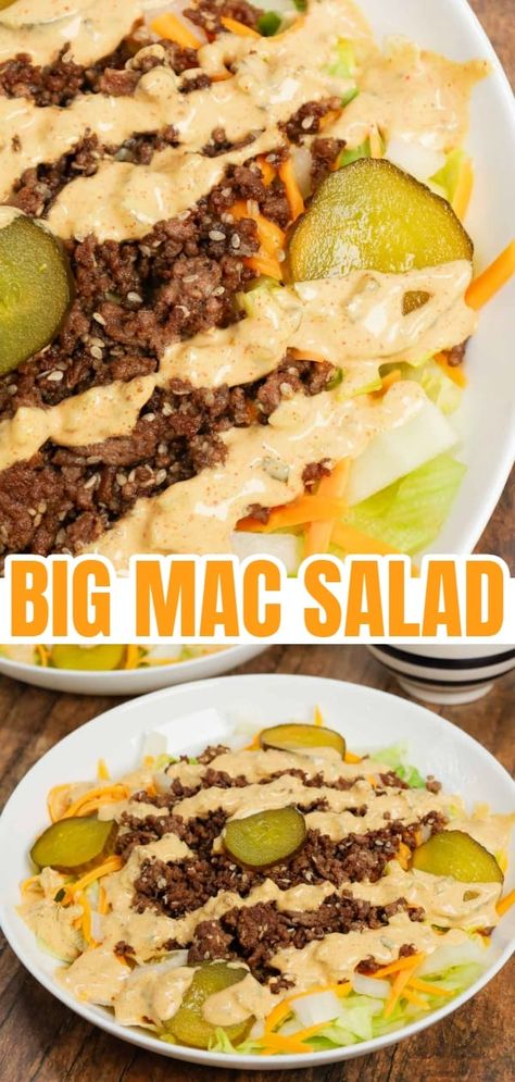 Big Mac Salad is a hearty dinner recipe loaded with ground beef, shredded cheddar cheese, iceberg lettuce, diced onions, dill pickles, sesame seeds and a homemade Big Mac sauce. Shredded Cheddar Cheese Recipes, Cheeseburger Salad Recipe, Homemade Big Mac Sauce, Homemade Big Mac, Cheddar Cheese Recipes, Big Mac Sauce, Big Mac Salad, Mac Sauce, Mac Salad