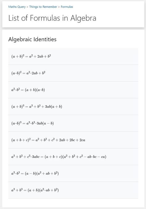 Read the list of basic algebraic identities and formulas in Algebra Algebraic Identities, Exams Preparation, Math Concepts, Exam Preparation, Learning Math, The List, Reading