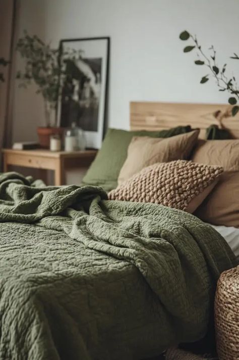 7 Cozy Fall Bedroom Colors You Can’t Ignore! Green Bedding Master, Green Bedding Bedroom, Earth Tones Bedroom, Green Bed Covers, Green Comforter Bedroom, Bedroom Palette, Tan Bedroom, Farmhouse Bedroom Set, Winter Bedroom Decor